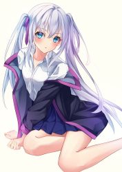 Rule 34 | 1girl, absurdres, arun (arunqn97), bare legs, black coat, blue eyes, blue skirt, blush, coat, collarbone, collared shirt, dress shirt, floating hair, hair between eyes, hair ribbon, highres, long hair, long sleeves, looking at viewer, miniskirt, open clothes, open coat, original, parted lips, pleated skirt, purple ribbon, ribbon, shirt, silver hair, simple background, sitting, skirt, solo, twintails, very long hair, white background, white shirt, wing collar