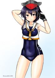 Rule 34 | 1girl, asymmetrical hair, black gloves, black hair, black one-piece swimsuit, breast cutout, brown eyes, commentary request, framed breasts, gloves, hair between eyes, headphones, i-14 (kancolle), kantai collection, kudou (ooabareteng), looking at viewer, one-piece swimsuit, orange neckwear, partially fingerless gloves, sailor collar, school swimsuit, short hair, single glove, solo, swimsuit, white sailor collar