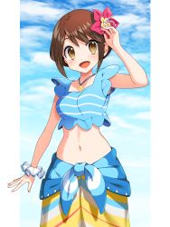 Rule 34 | 1girl, :d, absurdres, bad id, bad pixiv id, blue shirt, blush, breasts, brown eyes, brown hair, cloud, commentary request, creatures (company), day, flower, game freak, gloria (pokemon), gloria (summer 2021) (pokemon), hair flower, hair ornament, hand up, highres, jewelry, midriff, navel, necklace, nintendo, official alternate costume, open mouth, outside border, pillarboxed, pokemon, pokemon masters ex, purple flower, sarong, scrunchie, shirt, sky, sleeveless, sleeveless shirt, smile, solo, tongue, wrist scrunchie, yuihico