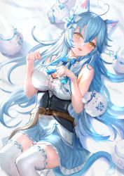 Rule 34 | 1girl, ahoge, animal ear fluff, animal ears, bare arms, blouse, blue bow, blue bowtie, blue hair, blue skirt, blush, bow, bowtie, breasts, cat ears, cat girl, cat tail, cleavage, cleavage cutout, clothing cutout, corset, fang, feet out of frame, flower, hair between eyes, hair flower, hair ornament, half updo, heart, heart ahoge, himonoata, hololive, large breasts, long hair, looking at viewer, multicolored hair, open mouth, paw pose, shirt, skirt, sleeveless, sleeveless shirt, solo, streaked hair, tail, thighhighs, very long hair, virtual youtuber, white shirt, white thighhighs, yellow eyes, yukihana lamy, yukimin (yukihana lamy)