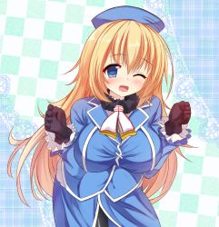 Rule 34 | 1girl, atago (kancolle), black gloves, black pantyhose, blonde hair, blue hat, blue jacket, blush, border, breasts, gloves, hair between eyes, hat, highres, impossible clothes, impossible jacket, jacket, kantai collection, kuro75268, lace, lace border, large breasts, layered sleeves, long hair, long sleeves, looking at viewer, one eye closed, open mouth, ornate border, pantyhose, solo