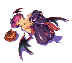 Rule 34 | 1girl, bare shoulders, black gloves, black pantyhose, boots, bridal gauntlets, commentary, demon girl, demon wings, elbow gloves, english commentary, full body, gloves, head wings, high heel boots, high heels, highres, hugging own legs, jack-o&#039;-lantern, leotard, lilith aensland, looking at viewer, lying, on back, optionaltypo, pantyhose, pointy ears, purple eyes, purple hair, red footwear, red leotard, short hair, simple background, smile, solo, vampire (game), white background, wings