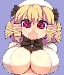 Rule 34 | 1girl, @ @, alternate breast size, blonde hair, blue background, blush, breasts, chestnut mouth, drill hair, female focus, hat, hospital king, large breasts, luna child, open mouth, red eyes, short hair, simple background, solo, tears, touhou