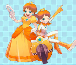 Rule 34 | 2girls, ;d, alternate costume, bad id, bad pixiv id, biker daisy, blue background, blush, brown hair, crown, dress, dual persona, earrings, game console, gloves, grin, jewelry, looking at viewer, mario (series), mario kart, mario kart wii, motor vehicle, motorcycle, multiple girls, nintendo, one eye closed, open mouth, orange dress, orange hair, parted lips, princess daisy, puffy short sleeves, puffy sleeves, short sleeves, simple background, sitting, smile, standing, steering wheel, super mario land, t k g, teeth, vehicle, white gloves, wii