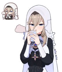 Rule 34 | 1girl, aponia (honkai impact), bebetang, black dress, blowing, blue eyes, brown hair, cup, dress, highres, holding, holding cup, honkai (series), honkai impact 3rd, long hair, long sleeves, mole, mole under eye, nun, open mouth, simple background, solo, water, white background
