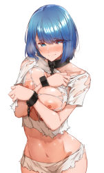 Rule 34 | 1girl, azur lane, blush, breast press, breasts, chain, chapayev (azur lane), chapayev (the captive cavalier) (azur lane), closed mouth, commentary request, cowboy shot, cuffs, groin, highres, inverted nipples, large breasts, looking at viewer, midriff, mole, mole on breast, navel, nipples, puffy nipples, shiny skin, shirt, simple background, tears, tokiwa midori (kyokutou funamushi), torn clothes, torn shirt, wavy mouth, white background