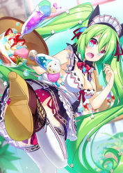 Rule 34 | 1girl, accident, animal ears, apron, ass, black skirt, blue eyes, boots, bow, breasts, cleavage, cross-laced footwear, cup, d:, dessert, detached collar, dress, drinking glass, fang, food, from below, fruit, gelatin, green hair, hair between eyes, hair ribbon, high heels, highres, holding, holding tray, ice cream, ice cream float, lace-up boots, long hair, macaron, maid headdress, miniskirt, moe2015, multicolored eyes, nyori, open mouth, original, panties, pleated skirt, polka dot, polka dot panties, red bow, red eyes, red panties, ribbon, shoe soles, side-tie panties, skirt, sleeveless, solo, spilling, standing, standing on one leg, strawberry, string panties, sundae, surprised, thighhighs, tray, twintails, underwear, very long hair, wafer, waitress, white thighhighs