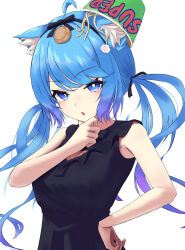 Rule 34 | 1girl, ahoge, animal ear fluff, animal ears, black bow, black dress, black hairband, blue eyes, blue hair, blush, bow, bowl, bowl hat, breasts, bright pupils, chestnut mouth, cleavage, cleavage cutout, clothing cutout, collared dress, commentary, dog ears, dog girl, dress, fish cake, food, frilled shirt collar, frills, hair bow, hairband, hand on own chin, hand on own hip, hat, highres, kamaboko, long hair, looking at viewer, low twintails, medium bangs, medium breasts, nanashi inc., narutomaki, no jacket, noodles, official alternate costume, open mouth, ramen, simple background, sleeveless, sleeveless dress, solo, souya ichika, souya ichika (6th costume), twintails, upper body, virtual youtuber, white background, white pupils, yaaamta