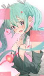 Rule 34 | 1girl, aqua eyes, aqua hair, blush, crying, crying with eyes open, detached sleeves, error message, hatsune miku, heart, heart-shaped pupils, highres, long hair, looking at viewer, necktie, solo, symbol-shaped pupils, tachibana shiori (suica 112), tearing up, tears, translation request, vocaloid
