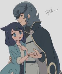 Rule 34 | 1boy, 1girl, :d, age difference, black hair, blush, cape, coat, cowlick, creatures (company), game freak, green coat, green eyes, hair ornament, hairclip, height difference, hetero, holding hands, liko (pokemon), nintendo, nm222, open clothes, open coat, open mouth, pokemon, pokemon (anime), pokemon horizons, shirt, shorts, smile, spinel (pokemon), white background