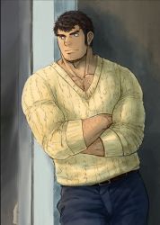 Rule 34 | 1boy, alternate costume, arm hair, bara, brown hair, bulge, casual, chest hair, cowboy shot, crossed arms, denim, facial hair, goatee, jeans, takabushi kengo, kumagamike, leaning back, long sideburns, looking to the side, pectoral cleavage, male focus, mature male, muscular, muscular male, pants, pectorals, short hair, sideburns, sleeves rolled up, solo, stomach, stubble, sweater, tokyo houkago summoners, yellow sweater