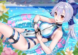 Rule 34 | 1girl, blue bow, blue one-piece swimsuit, blush, bow, breasts, competition swimsuit, fate/grand order, fate (series), hair between eyes, hair bow, hakuda tofu, highleg, highleg swimsuit, innertube, large breasts, long hair, looking at viewer, one-piece swimsuit, open mouth, ponytail, pool, red eyes, silver hair, smile, swim ring, swimsuit, thigh strap, thighs, tomoe gozen (fate), tomoe gozen (swimsuit saber) (fate), tomoe gozen (swimsuit saber) (first ascension) (fate), two-tone swimsuit, water, white one-piece swimsuit