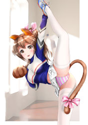 Rule 34 | 1girl, animal ears, animal hands, blush, bow, breasts, brown eyes, brown hair, cat ears, cat girl, cat tail, cheerleader, female focus, flexible, gloves, hair bow, impossible clothes, impossible shirt, long hair, looking at viewer, mashinatsu, medium breasts, midriff, navel, original, panties, parted lips, paw gloves, pink panties, ponytail, reiji-sss, shirt, shoes, smile, sneakers, solo, split, spread legs, standing, standing on one leg, striped clothes, striped panties, tail, thighhighs, underwear