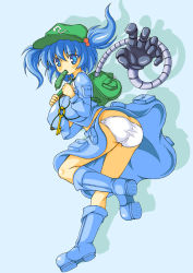 Rule 34 | 1girl, ass, backpack, bag, blue eyes, blue hair, blue theme, boots, breasts, covered erect nipples, cucumber, eating, female focus, food, full body, hair bobbles, hair ornament, hat, huge breasts, kawashiro nitori, key, large breasts, matching hair/eyes, mechanical arms, miyata gakuman, mouth hold, panties, pantyshot, randoseru, short hair, short twintails, silhouette, single mechanical arm, solo, touhou, twintails, underboob, underwear, white panties