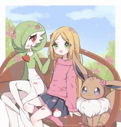 Rule 34 | 2girls, :d, aliceyawnin, bad id, bad tumblr id, bench, black skirt, blonde hair, blue sky, claire (clarevoir), cloud, cloudy sky, commentary, creatures (company), day, eevee, english commentary, flower, game freak, gardevoir, gen 1 pokemon, gen 3 pokemon, green eyes, happy, looking at viewer, miniskirt, multiple girls, nintendo, no shoes, open mouth, original, outdoors, pink legwear, pokemon, pokemon (creature), red eyes, signature, sitting, skirt, sky, smile, socks