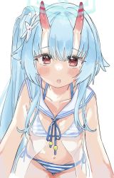 Rule 34 | 1girl, bikini, blue archive, blue hair, breasts, chise (blue archive), collarbone, commentary request, halo, long hair, looking at viewer, navel, side ponytail, simple background, small breasts, solo, string bikini, swimsuit, touhou90275, white background