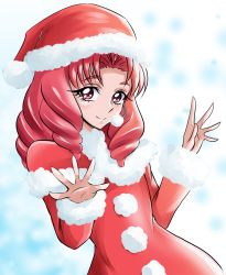 Rule 34 | 1girl, akagi towa, arudebido, christmas, coat, go! princess precure, hat, highres, long hair, looking at viewer, pom pom (clothes), precure, red eyes, red hair, red hat, santa hat, smile, solo