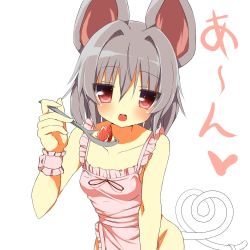 Rule 34 | 1girl, animal ears, apron, bare arms, blush, breasts, collarbone, cowboy shot, food, frilled apron, frills, fruit, greatmosu, grey hair, groin, hair between eyes, hair intakes, hand up, heart, heart tail, highres, holding, holding spoon, leaning forward, looking at viewer, mouse ears, mouse tail, naked apron, nazrin, open mouth, pink apron, red eyes, short hair, simple background, small breasts, solo, spoon, strawberry, tail, touhou, white background, wrist cuffs