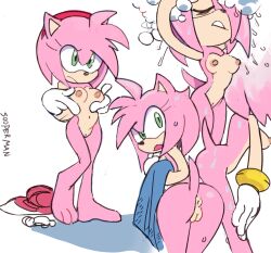 Rule 34 | 1girl, amy rose, animal nose, anus, artist name, ass, bathing, bracelet, breasts, cleft of venus, closed eyes, unworn clothes, completely nude, from side, full body, gloves, green eyes, hairband, hedgehog ears, hedgehog girl, hedgehog tail, holding, holding towel, jewelry, multiple views, naked towel, navel, nipples, nude, pink hair, red hairband, short hair, small breasts, snout, soap bubbles, sonic (series), sooperman, tail raised, teeth, thighs, towel, uncensored, wet, white gloves