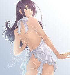 Rule 34 | 00s, 1boy, ametyann2, androgynous, apron, ass, ass focus, bad id, bad pixiv id, black eyes, from behind, long hair, looking back, male focus, naked apron, purple hair, solo, tales of (series), tales of vesperia, trap, yuri lowell