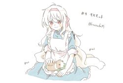 Rule 34 | 1girl, animal, animal name, animal on lap, apron, blue dress, blush, buttoned cuffs, buttons, closed mouth, collared dress, commentary, cowboy shot, cropped legs, dress, frilled apron, frilled dress, frills, hair between eyes, hairband, highres, kagerou project, kozakura marry, long hair, looking at another, mandarin collar, marmot, numbered, on lap, pastel colors, petting, pink eyes, pink hairband, pink ribbon, ribbon, sa-fu (sfmk39), simple background, sitting, sleeves past elbows, smile, translated, twitter username, wavy hair, white apron, white background, white hair