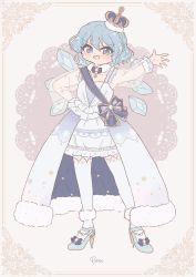 Rule 34 | 1girl, absurdres, alternate costume, blue bow, blue bowtie, blue dress, blue eyes, blue footwear, blue hair, blue sash, blush, border, bow, bowtie, brooch, cirno, commentary, crown, detached wings, dress, footwear bow, framed, frilled dress, frills, full body, fur-trimmed dress, fur-trimmed legwear, fur collar, fur trim, hair between eyes, hand up, high heels, highres, ice, ice wings, jewelry, long sleeves, medium hair, mini crown, necklace, open mouth, sakurasaka, sash, see-through, see-through sleeves, smile, snowflake necklace, snowflake print, snowflakes, solo, standing, thighhighs, touhou, two-sided dress, two-sided fabric, two-tone dress, v-shaped eyebrows, white dress, white thighhighs, wings
