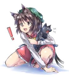 Rule 34 | !, 1girl, animal ears, barefoot, black cat, brown eyes, brown hair, cat, cat ears, cat tail, chen, fang, full body, green hat, hat, long sleeves, looking afar, open mouth, ototobe, red skirt, short hair, simple background, sketch, skirt, smile, solo, squatting, tail, touhou, vest, white background