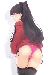 Rule 34 | 1girl, artist name, ass, bare shoulders, bikini, bikini bottom only, black hair, black thighhighs, blue eyes, blush, cameltoe, closed mouth, commentary, cowboy shot, crotch seam, dan (kumadan), fate/stay night, fate (series), half updo, highres, long hair, long sleeves, looking at viewer, off shoulder, panties, pink bikini, profile, red shirt, shirt, side-tie bikini bottom, silhouette, simple background, solo, swimsuit, thighhighs, tohsaka rin, two side up, underwear, white background