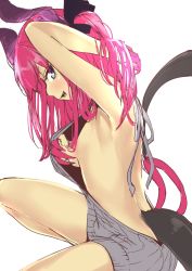 Rule 34 | 10s, 1girl, arm up, armpits, backless dress, backless outfit, bad id, bad twitter id, bare back, bare shoulders, blue eyes, breasts, convenient censoring, dragon horns, dragon tail, dress, elizabeth bathory (fate), elizabeth bathory (fate/extra ccc), fang, fate/extra, fate/extra ccc, fate (series), from side, grey sweater, halterneck, hand in own hair, highres, horns, long hair, looking at viewer, meme attire, naked sweater, nekotama1987, open mouth, pink hair, profile, ribbed sweater, sideboob, simple background, small breasts, smile, solo, squatting, sweater, sweater dress, tail, thighs, turtleneck, turtleneck sweater, virgin killer sweater, white background