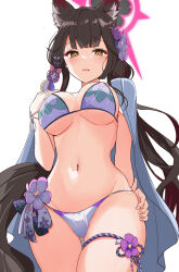 Rule 34 | 1girl, absurdres, animal ears, bikini, blue archive, blush, breasts, brown hair, fingernails, fox ears, fox girl, fox tail, furrowed brow, hair between eyes, hair ornament, halo, hand on own chest, hand on own hip, heart, heart-shaped pupils, highres, lapis (gulala375), large breasts, long hair, looking at viewer, navel, pink halo, simple background, smile, solo, standing, stomach, swimsuit, symbol-shaped pupils, tail, thighs, wakamo (blue archive), wakamo (swimsuit) (blue archive), white background