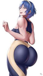 Rule 34 | 1girl, absurdres, alternate costume, alternate hair length, alternate hairstyle, arcedo, ass, ass focus, bare shoulders, blue eyes, blue hair, blush, breasts, fire emblem, fire emblem awakening, from behind, from below, hairband, highres, huge ass, looking at viewer, lucina (fire emblem), medium breasts, nintendo, open mouth, pants, short hair, sideboob, smile, solo, sports bra