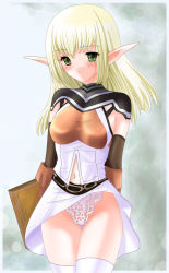 Rule 34 | 1girl, arms behind back, blonde hair, blouse, blush, clothes lift, elbow gloves, elf, gloves, green eyes, highleg, highleg panties, lace, lace-trimmed panties, lace trim, lineage, long hair, midriff, navel, panties, pointy ears, shirt, skirt, skirt lift, solo, standing, thigh gap, thighhighs, thighs, underwear, white thighhighs, wind, wind lift