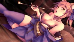 Rule 34 | animal ear fluff, animal ears, bare shoulders, breasts, cleavage, collarbone, detached sleeves, dutch angle, fate/extra, fate/grand order, fate (series), fox ears, fox girl, fox tail, highres, holding, holding smoking pipe, japanese clothes, kimono, large breasts, looking at viewer, multiple tails, no bra, obi, off shoulder, pink hair, purple kimono, purple thighhighs, queasy s, sash, skindentation, smoking, smoking pipe, solo, tail, tamamo (fate), tamamo no mae (fate/extra), thighhighs, yellow eyes