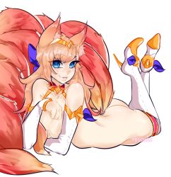 Rule 34 | 1girl, ahri (league of legends), animal ears, ass, blue eyes, boots, breasts, cleavage, fbschin, fox ears, fox tail, high heel boots, high heels, knee boots, league of legends, long hair, lying, magical girl, nude, on stomach, solo, star guardian (league of legends), star guardian ahri, tail, the pose, tiara