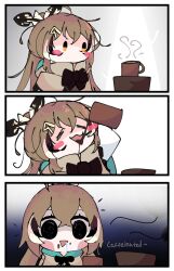 Rule 34 | 1girl, 3koma, = =, ahoge, black eyes, blush stickers, brown capelet, brown cloak, brown hair, capelet, chibi, cloak, closed eyes, coffee, coffee mug, comic, commentary, crossed bangs, cup, drinking, drooling, english commentary, english text, feather hair ornament, feathers, hair between eyes, hair ornament, highres, hololive, hololive english, koyoinacho, long hair, looking at viewer, mug, multicolored hair, nanashi mumei, open mouth, saliva, shaded face, sidelocks, simple background, smile, smol mumei, straight-on, streaked hair, triangle mouth, upper body, virtual youtuber