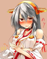 Rule 34 | 10s, 1boy, 1girl, admiral (kancolle), blush, breasts, choker, detached sleeves, grey hair, hair ornament, hairband, hairclip, haruna (kancolle), heart, highres, jewelry, kantai collection, large breasts, long hair, looking at viewer, nontraditional miko, open mouth, orange eyes, out of frame, pov, ribbon-trimmed sleeves, ribbon trim, ring, translation request, tsukui kachou, wedding band