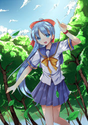 Rule 34 | 1girl, amemiya ruki, blue hair, bow, cloud, day, hair bow, leaf, long hair, looking at viewer, nature, open mouth, original, outdoors, pleated skirt, ponytail, school uniform, short sleeves, skirt, sky, solo, tree