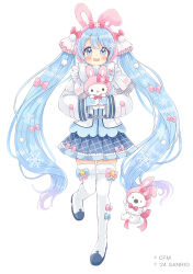 Rule 34 | 1girl, :d, animal ears, blue eyes, blue hair, blue mittens, blue skirt, blush, boots, character request, fake animal ears, fringe trim, full body, fur-trimmed boots, fur trim, hatsune miku, hello kitty, jacket, long hair, long sleeves, mittens, official art, open mouth, pleated skirt, rabbit ears, rabbit yukine, sakura oriko, sanrio, scarf, simple background, skirt, smile, snowflake print, standing, standing on one leg, thigh boots, twintails, very long hair, vocaloid, white background, white footwear, white jacket, white scarf, yuki miku, yuki miku (2024)