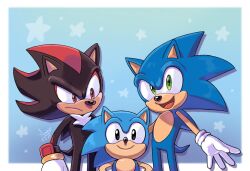 Rule 34 | 3boys, angiethecat, animal ears, blue background, dual persona, frown, furry, furry male, gloves, gradient background, green eyes, highres, multiple boys, open mouth, red eyes, shadow the hedgehog, smile, sonic (series), sonic generations, sonic the hedgehog, sonic x shadow generations, star (symbol), starry background, tail, white gloves