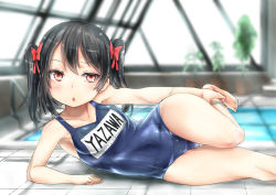 Rule 34 | 10s, 1girl, bad id, bad pixiv id, barefoot, black hair, character name, chestnut mouth, indoor pool, indoors, love live!, love live! school idol project, lying, name tag, on side, one-piece swimsuit, plant, pool, poolside, red eyes, rei no pool, romaji text, roro (qualitynine), school swimsuit, shiny clothes, solo, swimsuit, twintails, wet, yazawa nico