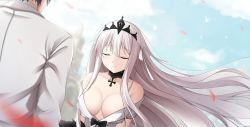 Rule 34 | 1boy, 1girl, bare shoulders, black bow, black hair, blurry, blurry background, bow, breasts, closed eyes, closed mouth, collarbone, commentary request, cross, crying, day, depth of field, dress, floating hair, girls&#039; frontline, hair between eyes, happy tears, highres, iron cross, jacket, kar98k (girls&#039; frontline), kar98k (purity in vermilion) (girls&#039; frontline), keenh, long hair, medium breasts, off-shoulder dress, off shoulder, official alternate costume, outdoors, petals, smile, solo focus, tears, tiara, upper body, very long hair, wedding, wedding dress, white dress, white hair, white jacket