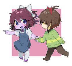 Rule 34 | 1boy, 1girl, age regression, blue eyes, bow, colored sclera, colored skin, deltarune, horn ornament, horns, komugiko (bitte komu), kris (deltarune), long hair, purple hair, purple skin, susie (deltarune), undertale, yellow sclera, aged down