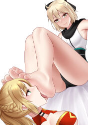 Rule 34 | 2girls, absurdres, blonde hair, blush, breasts, fate/grand order, fate (series), feet, foot focus, green eyes, highres, licking foot, medium breasts, mordred (fate), multiple girls, oirin, okita souji (fate), small breasts, smile, toes, yellow eyes, yuri