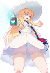 Rule 34 | 1girl, 40hara, absurdres, aerosol, bag, blonde hair, braid, creatures (company), disgust, dress, duffel bag, from below, game freak, green eyes, hat, highres, lillie (pokemon), long hair, looking down, nintendo, open mouth, panties, pokemon, pokemon sm, see-through, shaded face, simple background, sleeveless, sleeveless dress, solo, spray can, striped clothes, striped panties, sun hat, twin braids, underwear, white background, white dress, white hat