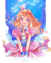 Rule 34 | 1girl, aikatsu!, aikatsu! (series), bow, braid, character name, crown, dated, dot nose, dress, dress bow, earrings, gloves, happy, happy birthday, highres, idol, jewelry, long hair, looking at viewer, open mouth, orange hair, own hands together, ozora akari, pink dress, pink eyes, short sleeves, sistpen, sky, smile, solo, standing, star (sky), starry sky, white background
