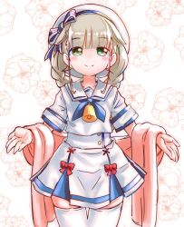 Rule 34 | .live, alternate costume, alternate hairstyle, arms at sides, bad id, bad twitter id, bell, beret, blush, commentary request, dress, floral background, green eyes, grey hair, hat, highres, long hair, looking at viewer, merry milk, ribbon, sailor dress, scarf, simple background, smile, solo, thighhighs, virtual youtuber, white thighhighs