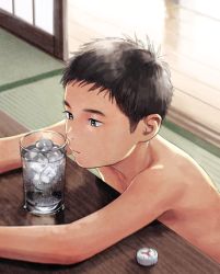 Rule 34 | 1boy, b gent, black hair, cup, drink, drinking glass, glass, grey eyes, ice, ice cube, male focus, original, topless male, sitting, sliding doors, solo, tatami