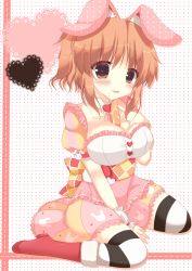 Rule 34 | 10s, 1girl, :p, abe nana, animal ears, between breasts, black thighhighs, breasts, brown eyes, brown hair, carrot, cleavage, dress, highres, idolmaster, idolmaster cinderella girls, rabbit ears, saliva, sexually suggestive, short hair, solo, striped clothes, striped thighhighs, suzunone rena, thighhighs, tongue, tongue out, white thighhighs