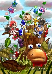 Rule 34 | 1girl, 2boys, alph (pikmin), autumn leaves, backpack, badge, bag, big nose, black eyes, black skin, blue bag, blue eyes, blue gloves, blue hair, blue light, blue pikmin, blue skin, blue sky, brittany (pikmin), brown hair, bud, bulborb, charlie (pikmin), clenched hand, climbing, cloud, colored skin, commentary request, day, eyelashes, facial hair, fang, fang out, flower, flying, freckles, from behind, gauge, gloves, grass, green gloves, green light, half-closed eyes, hand on another&#039;s arm, hand on another&#039;s hand, hand on own hip, helmet, insect wings, leaf, looking ahead, looking at another, looking at viewer, looking back, mini person, miniboy, minigirl, miniskirt, mohawk, moss, multiple boys, mustache, nintendo, no mouth, nostrils, open mouth, outdoors, pale skin, pikmin (creature), pikmin (series), pink flower, pink gloves, pink hair, pink light, pink skin, pink skirt, pointing, pointing forward, pointy ears, pointy nose, polka dot, purple hair, purple pikmin, purple skin, radio antenna, reaching, red eyes, red pikmin, red skin, rock, rock pikmin, short hair, sitting on branch, skirt, sky, smile, solid eyes, space helmet, spacesuit, star (symbol), tree stump, triangle mouth, very short hair, whistle, white pikmin, white skin, winged pikmin, wings, yamato koara, yellow pikmin, yellow skin