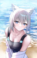 Rule 34 | 1girl, 1z10, animal ear fluff, animal ears, bare shoulders, beach, black one-piece swimsuit, blue archive, blue eyes, blush, breasts, bright pupils, cleavage, closed mouth, collarbone, competition swimsuit, cross hair ornament, day, grey hair, hair ornament, halo, highres, long hair, looking at viewer, medium breasts, off shoulder, one-piece swimsuit, open clothes, open shirt, outdoors, shiroko (blue archive), shiroko (swimsuit) (blue archive), shirt, smile, swimsuit, upper body, water, white shirt, wolf ears